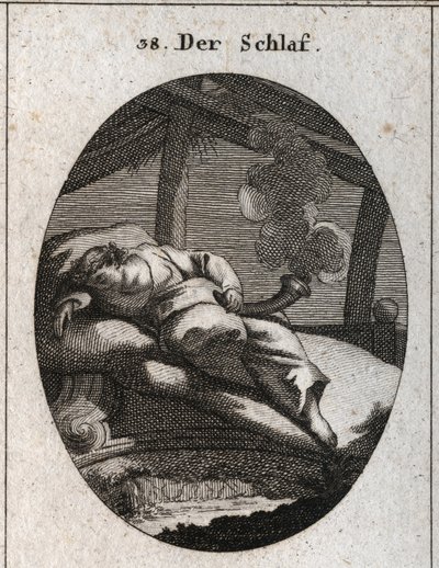 Allegorie van slaap. Gravure in "Iconologie oder Ideen aus dem Gebiete der Leidenschaften und Allegorien bildich dargestellt fur Zeichner, Mahler" door Austrian School
