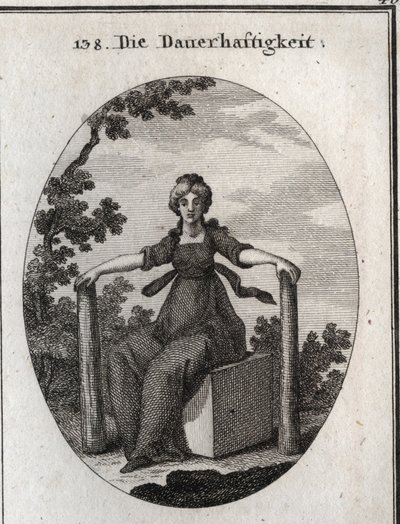 Allegorie van stabiliteit zittend op een marmeren kubus met twee stapels loodrecht in de aarde. Gravure in 
