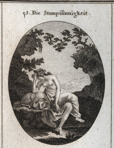Allegorie van domheid. Het leunt op een schaap, van nature een dom dier. Gravure in 