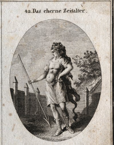 Allegorie van het Kopertijdperk afgebeeld als een schildwacht bij een hek in een trotse houding, bewapend met een borstkuras en een werpspies en een kap van een leeuwenhuid. door Austrian School
