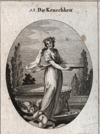 Allegorie van kuisheid met een kaneelkroon, een symbool van kuisheid bij de Egyptenaren, en een scherm gevuld met water dat verwijst naar de rechtvaardiging van een vestaalse maagd die haar kuisheid bewees. Ze weerhoudt een liefde onder haar voet door Austrian School