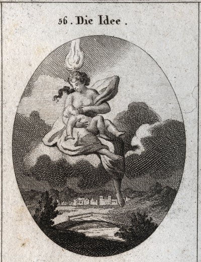 Allegorie van het idee voorgesteld met een vlam op het hoofd en een gouden cirkel op het voorhoofd, terwijl ze een kind voedt. Gravure in 