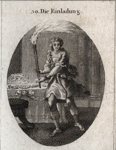 Allegorie van de uitnodiging als een jonge man met een lachend gezicht die uitnodigt aan een tafel bedekt met gerechten. De fakkel die hij vasthoudt is het attribuut van Comus, god van feesten en nachtelijke partijen. Gravure in 