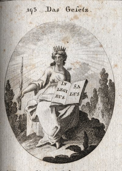 Allegorie van de wet. Haar stralende diadeem markeert haar goddelijke oorsprong. De scepter duidt op haar autoriteit en het boek is open of erop staat 