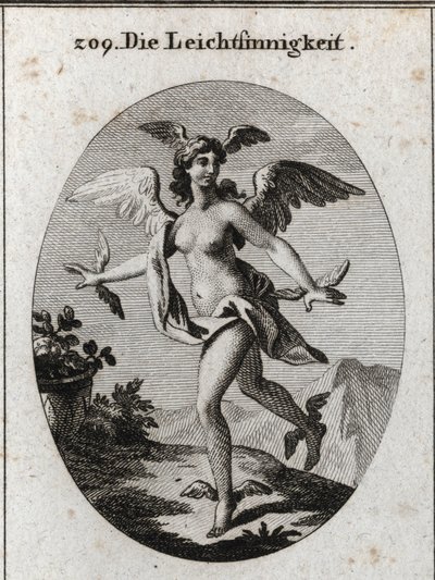 Allegorie van het licht. Ze heeft vleugels op haar hoofd, schouders, voeten en handen. Gravure in 
