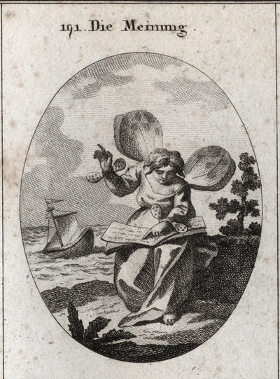 Allegorie van de mening afgebeeld lezend een boek waarvan ze lijkt voorstellen te ondersteunen. Vlindervleugels op de schouders en polsen markeren de instabiliteit van mensen in hun meningen. Diep in de achtergrond wordt een schip door de golven geslagen,  door Austrian School