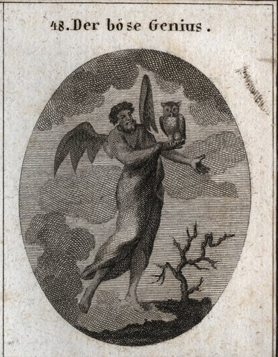 Allegorie van de tegenstrijdige geest voorgesteld door een slechte geest met vleermuisvleugels en een uil vasthoudend, vogel van slechte voortekenen. Gravure in 