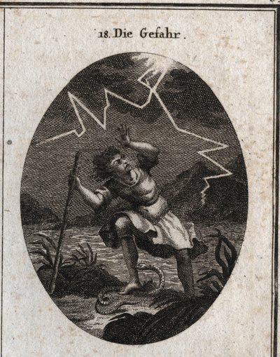 Allegorie van het gevaar, voorgesteld door een jonge man die ontsnapt aan een snelle stroom door op een slang te stappen die hem steekt en tegelijkertijd een bliksemflits achter hem. Gravure in “Iconologie oder Ideen aus dem Gebiete der Leidenschaften und  door Austrian School