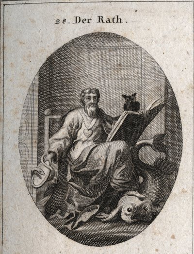 Allegorie van de representatieve raad met een gouden ketting en een hart, embleem van oprechtheid. Het boek en de uil symboliseren de penetratie van kennis door studie. De spiegel omgeven door de slang is het symbool van voorzichtigheid. De dolfijn die hij door Austrian School