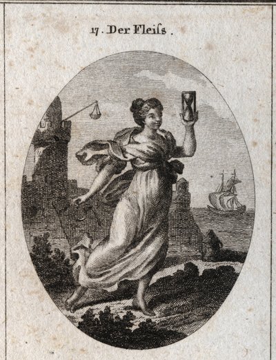 Allegorie van de ijver die snel loopt. Haar attributen zijn de zandloper en de spoor, symbool van activiteit en nauwkeurigheid. Gravure in 