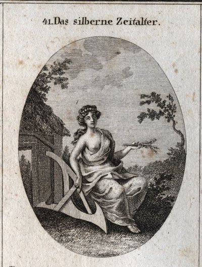 Allegorie van het zilveren tijdperk met een handvat van aren om het land te bewerken en hout om hutten te maken. Gravure in Iconologie oder Ideen aus dem Gebiete der Leidenschaften und Allegorien bildich dargestellt fur Zeichner, Mahler, Dichter, Gelehrte door Austrian School