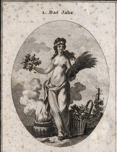 Allegorie van het jaar omringd door symbolen van de vier seizoenen (bloemenkrans voor de lente, tarwekrans voor de zomer, mand met fruit voor de herfst en vaas met vuur voor de winter). Het jaar is half ontkleed in verwijzing naar de graden van warmte en k door Austrian School