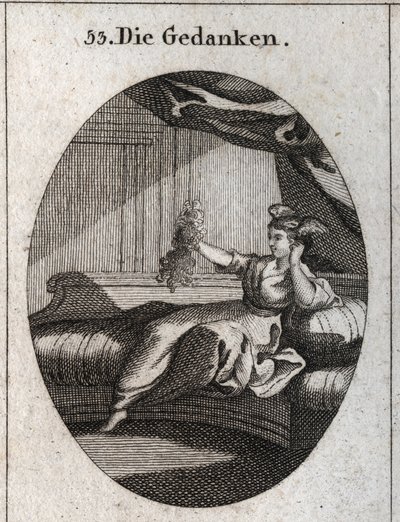 Allegorie van gedachten voorgesteld met vleugels aan het hoofd en een bos draden in de hand, beeld van de verwarring die de verschillende gedachten geven. Gravure in 