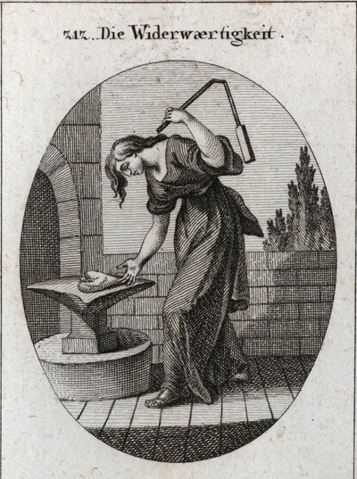 Allegorie van beproeving. Ze houdt een hart op een aambeeld en slaat het met een kleine bloem om aan te geven dat beproeving alles wat ruw en onrein is wegneemt. Gravure in 