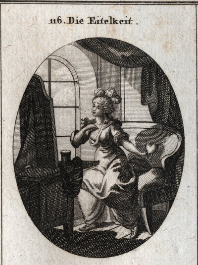 Allegorie van ijdelheid. Verlangend om te behagen en beschouwd te worden, wordt ze afgebeeld voor haar toilet terwijl ze zichzelf vleit voor de spiegel met een hart in haar hand. Gravure in 