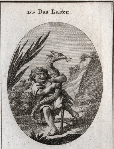 Allegorie van ondeugd voorgesteld door een dwerg die een hydra uitwringt. Gravure in 