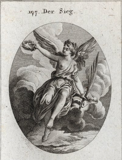 Allegorie van overwinning. Ze heeft vleugels en houdt een palm en een lauwerkrans vast. Gravure in "Iconologie oder Ideen aus dem Gebiete der Leidenschaften und Allegorien bildich dargestellt fur Zeichner, Mahler, Dichter, Gelehrte, Erzieher und freunde Ho door Austrian School