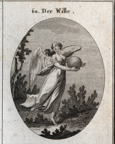 Allegorie van wil. Ze wordt afgebeeld met vleugels en houdt een bal van verschillende kleuren vast. Gravure in 