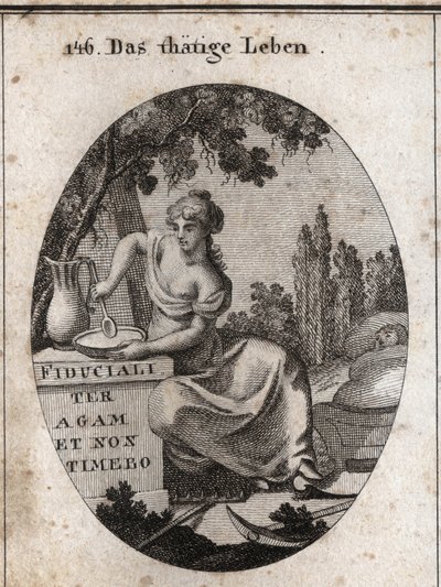 Allegorie van het werkende leven zittend in de schaduw van een wijnstok. Ze wordt afgebeeld terwijl ze zich voorbereidt om te eten in een vijver en een kind wiegt met haar voet. Ploeginstrumenten liggen naast haar. Gravure in 