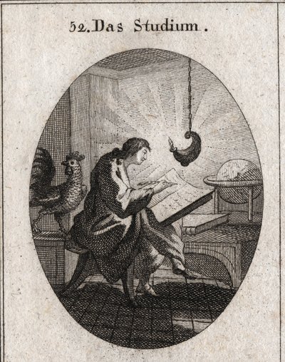 Allegorie van schrijven aan een bureau verlicht door licht. De haan is het attribuut van waakzaamheid. Gravure in 