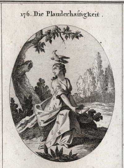 Babel allegorie. Zijn draperie is gevuld met cicaden en tongen. Zijn attribuut is de kraai. Gravure in 