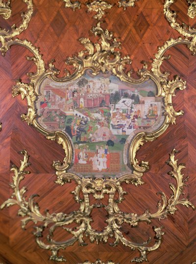 Detail van panelen ingelegd met een Perzische miniatuur van een lusttuin met feestende mensen door Austrian School