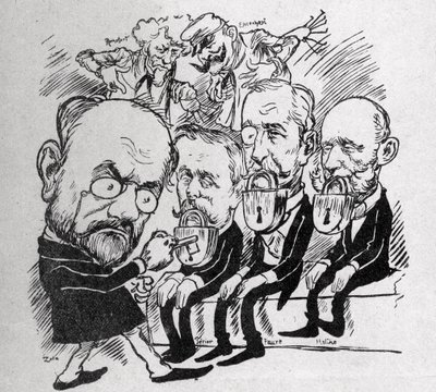 Emile Zola probeert de sloten te ontgrendelen die de monden van presidenten Jean Casimir-Perier en Felix Faure sluiten, evenals die van president van de Raad Jules Meline, terwijl op de achtergrond Henri Rochefort spreekt door Austrian School