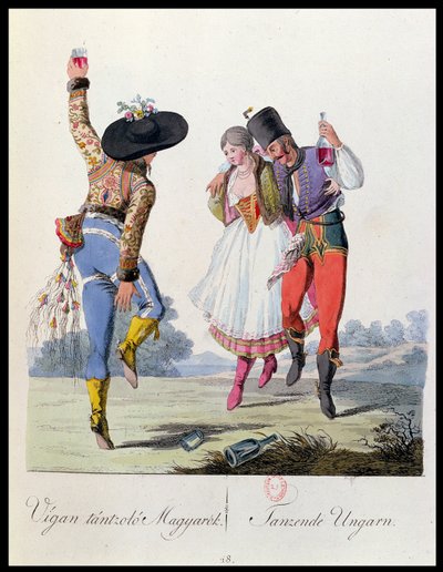 Hongaarse dansers in traditionele kleding, illustratie uit een boek Costumes de Pannonie door J.H. de Bikkesy, gepubliceerd in Wenen, 1810 door Austrian School