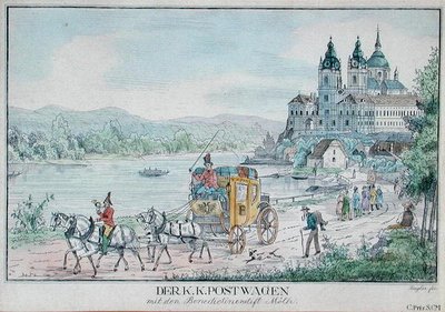 Keizerlijke Oostenrijkse postkoets voor de abdij van Melk aan de Donau, begin 19e eeuw door Austrian School