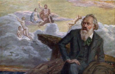 Ansichtkaart met afbeelding van Johannes Brahms die zijn 1e Symfonie Op.68 componeert, ca. 1900 door Austrian School