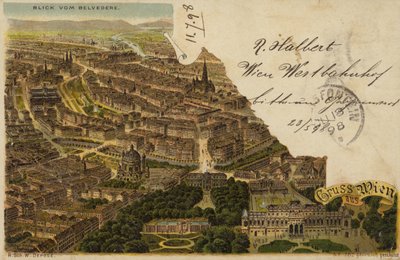 Ansichtkaart met een luchtfoto van de stad Wenen door Austrian School