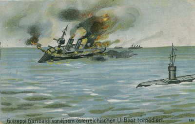 Zinken van de Italiaanse kruiser Giuseppe Garibaldi door de Oostenrijkse onderzeeër U-4, Eerste Wereldoorlog, 18 juli 1915 door Austrian School