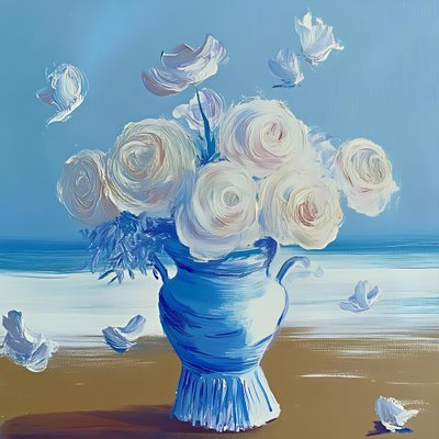 Blauwe vaas met strandbloemen door Avanesova Elena