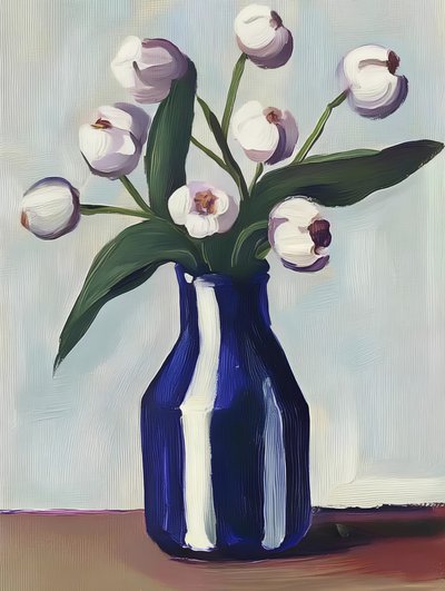 Witte bloemen in een blauwe vaas door Avanesova Elena