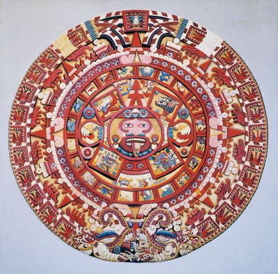 Pre-Columbiaanse beschaving: de Azteekse kalender (Steen van de Zon): schijf die de Azteekse kalender en kosmogonie voorstelt (Tonalpohualli) door Aztec Aztec