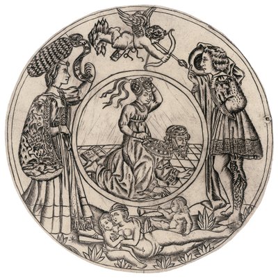 Aristoteles en Phyllis, omringd door een jonge man en vrouw met Eros, en liggende naakte vrouw met twee kinderen, tweede helft van de 15e eeuw door Baccio Baldini