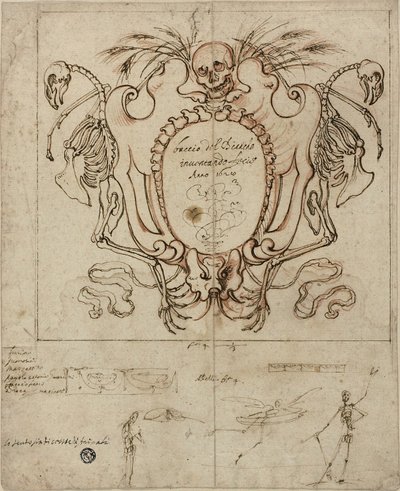 Funerair Cartouche met Inscriptie en Schetsen van Skeletten en Decoratieve Details door Baccio del Bianco