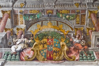 Detail met kroonlijst en allegorische figuren van de decoratie, Kerk van St. Franciscus, Sassuolo, Italië door Baldassarre & Monti Giovanni Giacomo (1620 92) Bianchi