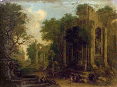 Boslandschap met reizigers rustend bij klassieke ruïnes door Balthasar Beschey