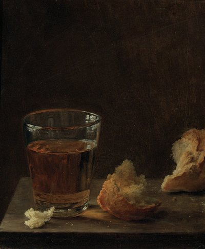 Een glas bier en een broodje op een tafel door Balthasar Denner