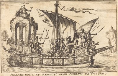 Agamemnon en Menelaos geleid door Vulcanus door Balthasar Moncornet after Remigio Cantagallina