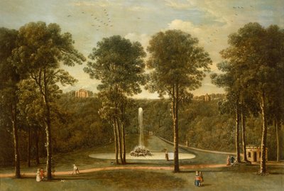 Een Uitzicht op de Fonteinvijver bij Hackfall, met het Bankethuis Verderop door Balthasar Nebot