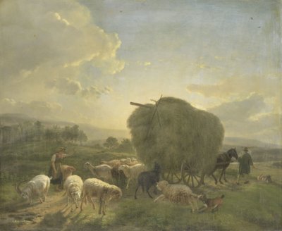 Landschap met schapen en een hooiwagen door Balthasar Paul Ommeganck