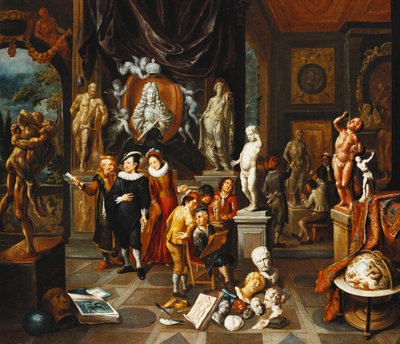 Een elegant paar bezoekt een beeldengalerij, met een kunstenaar die schetst en een beeldhouwer aan het werk door Balthasar van den Bossche