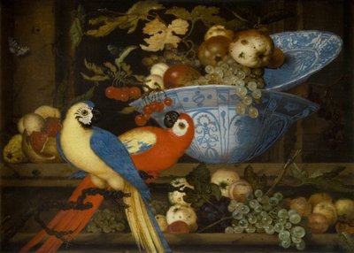 Fruitstilleven met twee papegaaien door Balthasar van der Ast