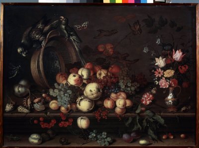 Stilleven met fruit, bloemen en papegaaien door Balthasar van der Ast