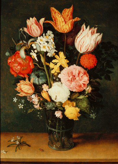 Tulpen, Rozen en andere Bloemen in een Glazen Vaas door Balthasar van der Ast