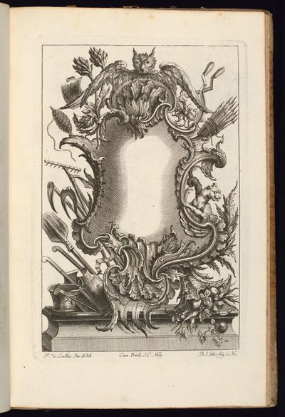 Cartouche met uil, boek van onregelmatige cartouches door Balthazar Sigismond Setlezky