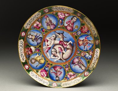 Kom met deksel, schotel en lepel met astrologische decoratie, begin 19e eeuw door Baqir