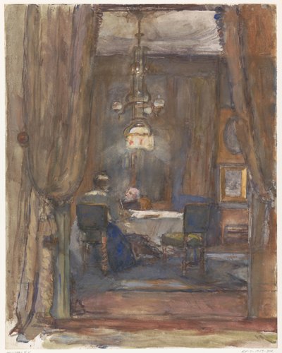 De huiskamer aan de Riouwstraat te Den Haag, bij avond door Barbara Elisabeth van Houten